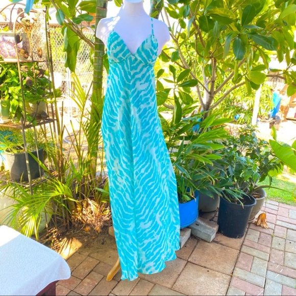 Guess Los Angeles  long aqua and white spaghetti strap elastic waist dress sz L - Picture 1 of 13